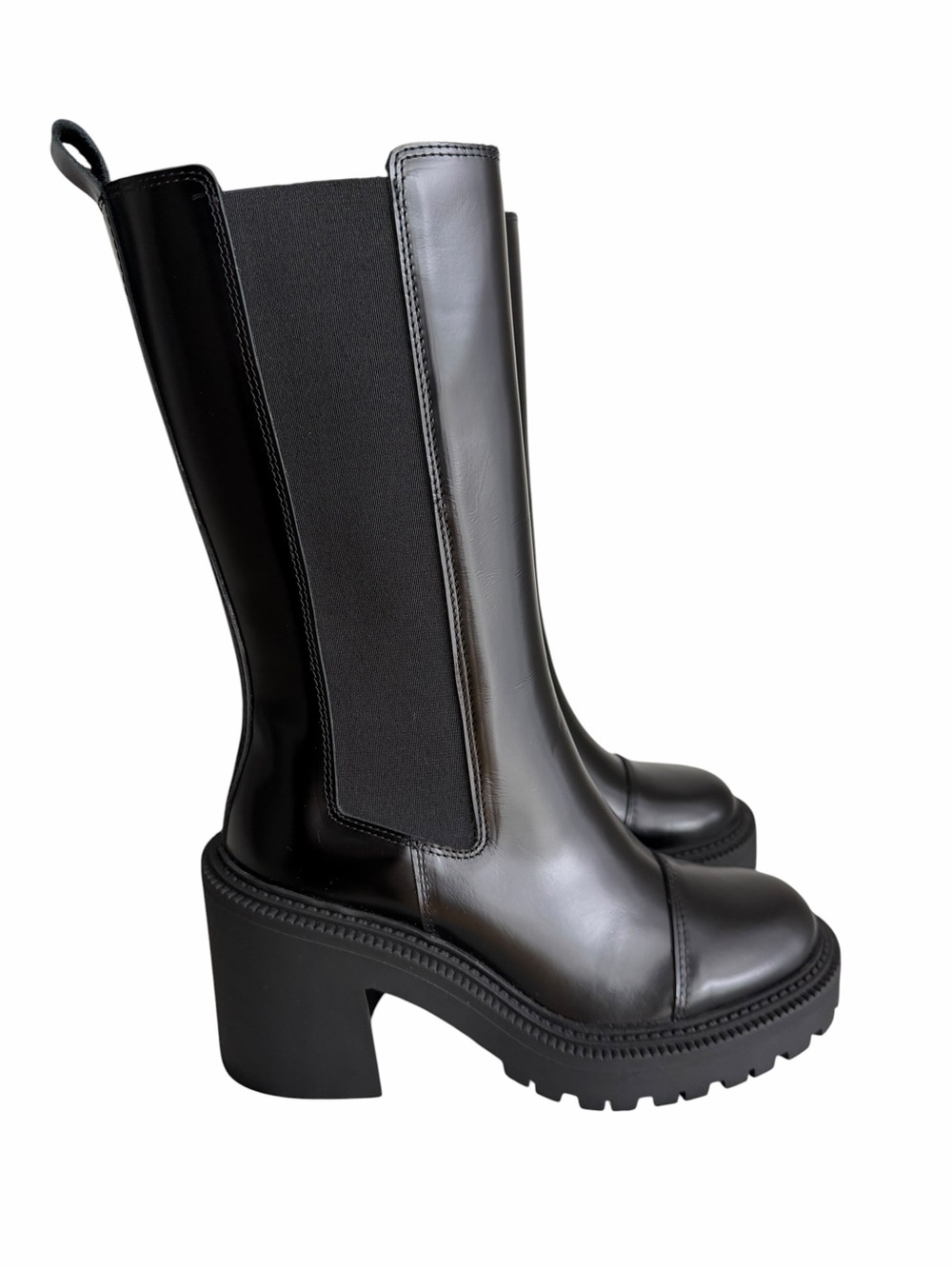 Marcella NYC Vex Mid Calf Chelsea Boots Black Size 8 Leather Chunky Lug Sole